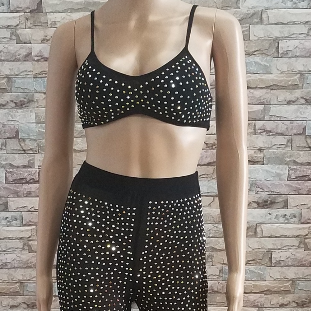 Multi Rhinestone Black Bralette & Pants Set